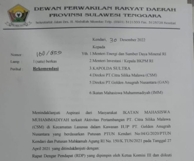 
 Rekomendasi DPRD Sultra. Foto: Istimewa 