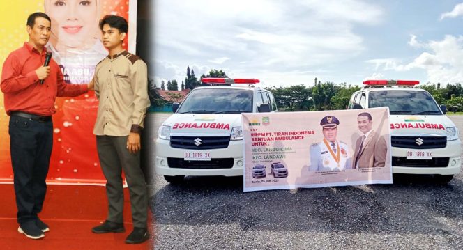 
 Owner Tiran Group Andi Amran Sulaiman memberikan beasiswa kepada mahasiswa yatim piatu di Kolaka dan dua unit bantuan Ambulance di Konawe Utara. Foto: Istimewa 