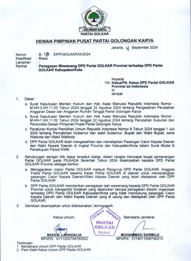 
 Surat perintah tegas Ketum DPP Partai Golkar. Foto: Istimewa  