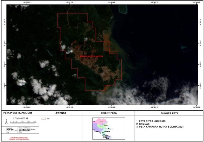 
 Peta citra satelit Juni 2025 nampak daerah pesisir yang berada di WIUP PT GMS berwarna kecoklatan diduga akibat pencemaran aktivitas pertambangan PT GMS. Foto: Istimewa