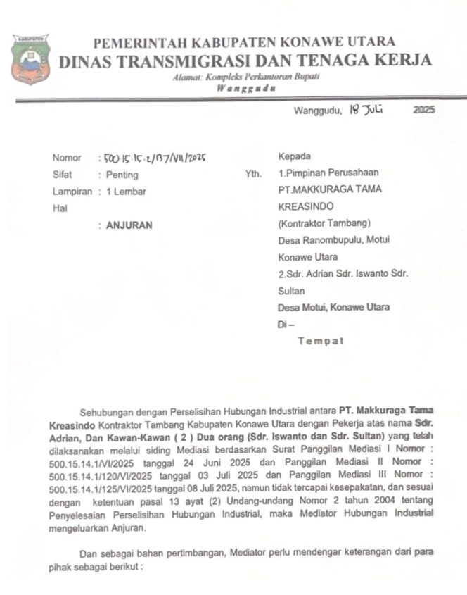 
 Surat Anjuran Disnakertrans Konawe Utara. Foto: Istimewa