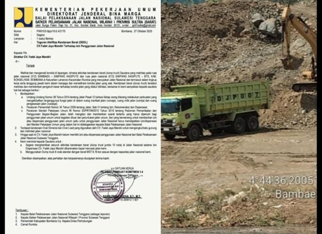 Gunakan Jalan Nasional Tanpa Izin, BPJN Minta CV Fadel Jaya Mandiri Hentikan Seluruh Aktivitas Kendaraan Berat