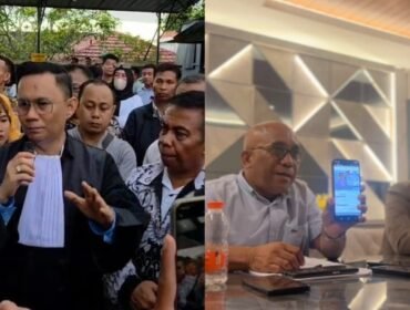 Kuasa Hukum korban pelecehan anak, Nasruddin (kanan) dan Kuasa Hukum guru Mansur, Andri Darmawan