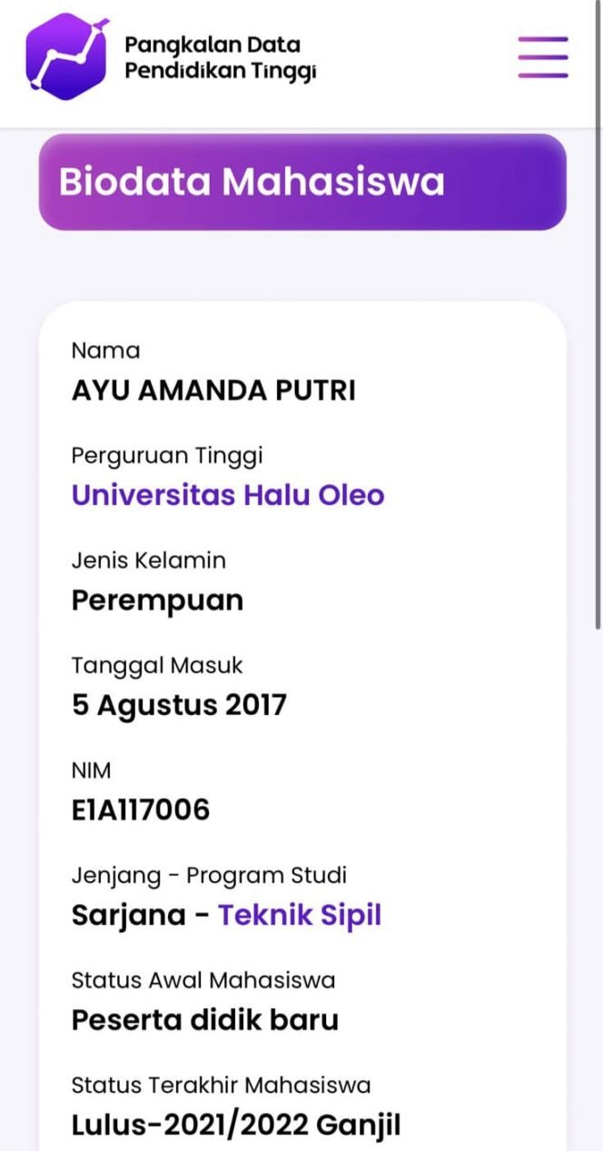 
 Screnshoot data Alumni Ayu Manda Putri di laman PDDIKTI. Foto: Istimewa