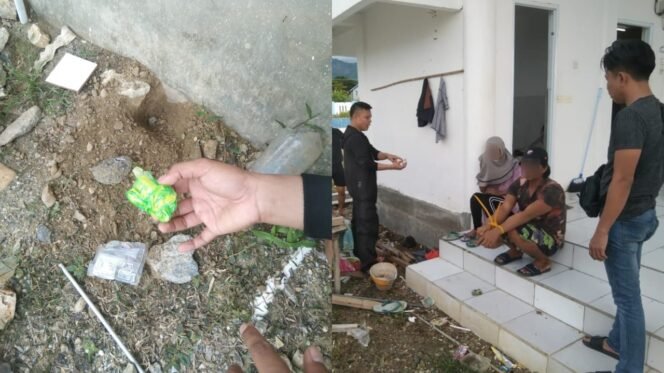 
 Narkotika dibungkus plastik ditimbun dalam tanah (kiri) dan polisi saat mengamankan pasutri di Terminal Lacaria Kolut. Foto: Istimewa
