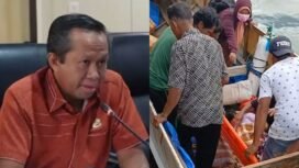 Foto Anggota DPRD Sultra Dapil Konawe Selatan – Bombana, Aflan Zulfadli (kiri) dan Pasien kritis dari Pulau Kabaena yang harus sewa perahu kayu untuk menyebrang laut menuju Kasipute Bombana. Foto: Istimewa
