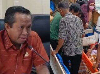 Foto Anggota DPRD Sultra Dapil Konawe Selatan – Bombana, Aflan Zulfadli (kiri) dan Pasien kritis dari Pulau Kabaena yang harus sewa perahu kayu untuk menyebrang laut menuju Kasipute Bombana. Foto: Istimewa