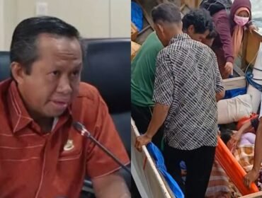 Foto Anggota DPRD Sultra Dapil Konawe Selatan – Bombana, Aflan Zulfadli (kiri) dan Pasien kritis dari Pulau Kabaena yang harus sewa perahu kayu untuk menyebrang laut menuju Kasipute Bombana. Foto: Istimewa