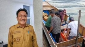Kepala Dinas Kesehatan Kabupaten Bombana, Darwin Ismail (kiri) dan Pasien kritis dari Pulau Kabaena yang terpaksa harus sewa perahu kayu untuk menyebrang laut menuju Kasipute Bombana. Foto: Istimewa