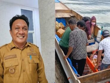 Kepala Dinas Kesehatan Kabupaten Bombana, Darwin Ismail (kiri) dan Pasien kritis dari Pulau Kabaena yang terpaksa harus sewa perahu kayu untuk menyebrang laut menuju Kasipute Bombana. Foto: Istimewa