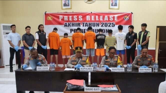 
 Kapolres Buton, AKBP Ali Rais (kedua dari kiri depan) bersama jajaran saat  ekspos perkara akhir tahun 2025. Foto: Istimewa