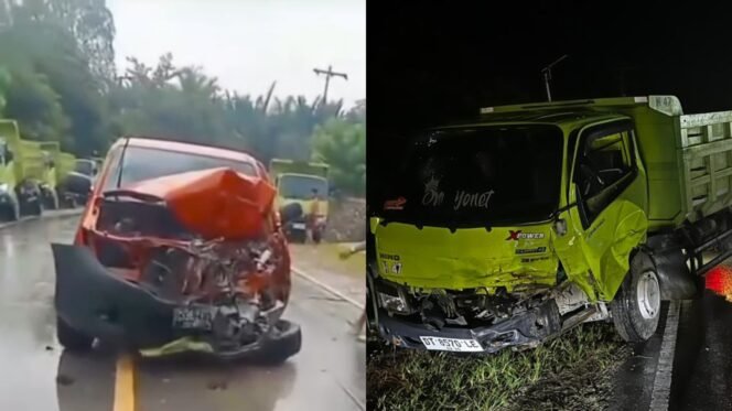 
 Toyota Hilux merah (kiri) dan Dump Truk Hino bertabrakan di Desa Landipo Konawe Selatan. Foto: Istimewa