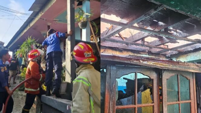 
 Petugas Damkar berjibaku saat proses pendinginan usai kebakaran rumah warga di Mandonga Kendari. Foto : Istimewa