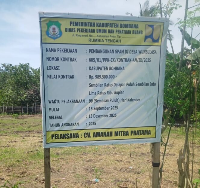 
 Papan Proyek sumur bor di Desa Wumbulasa, Kabaena Utara, Kabupaten Bombana yang dikerjakan oleh CV Amanah Mitra Pratama. Foto: Istimewa