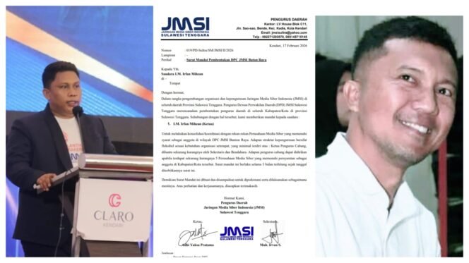  
LM Irfan Mihzan (kanan) resmi menerima mandat dari Pengurus Daerah (Pengda) Jaringan Media Siber Indonesia (JMSI) Sulawesi Tenggara sebagai Ketua  Pengurus Cabang (Pengcab) JMSI Buton Raya. Foto: Istimewa
