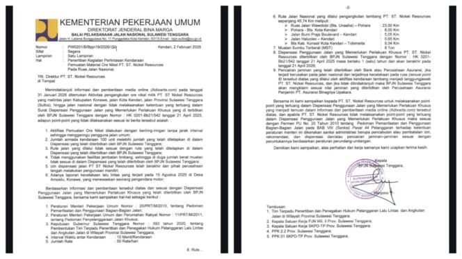 
 Surat BPJN Sultra tentang penertiban operasional kendaraan PT ST Nickel Resources. Foto: Istimewa