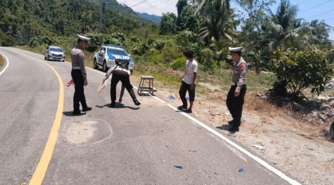 Petugas Sat Lantas Polres Kolaka Utara melakukan olah tempat kejadian perkara (TKP) di lokasi kecelakaan yang menewaskan pengendara motor di Kolaka Utara. Foto: Istimewa