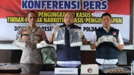 Ditresnarkoba Polda Sultra, Kombes Pol Amri (tengah) saat konferensi pers di Polda Sultra. Foto: Istimewa
