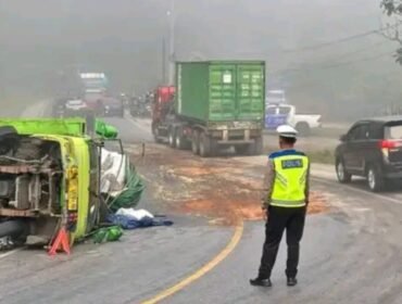 Sebuah dump truk terguling di Jalan Poros Desa Talodo, Kolaka Timur. Foto: Istimewa