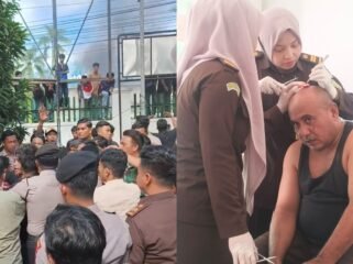 Aksi demonstrasi mahasiswa di depan Kantor  Kejati Sultra ricuh, seorang pegawai kejaksaan terluka di kepala akibat lemparan batu. Foto: Istimewa