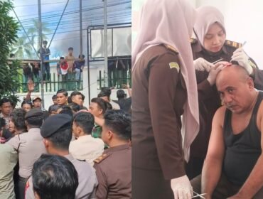 Aksi demonstrasi mahasiswa di depan Kantor  Kejati Sultra ricuh, seorang pegawai kejaksaan terluka di kepala akibat lemparan batu. Foto: Istimewa