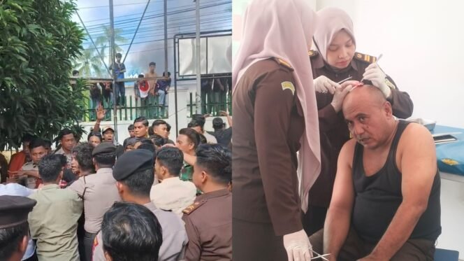 
 Aksi demonstrasi mahasiswa di depan Kantor  Kejati Sultra ricuh, seorang pegawai kejaksaan terluka di kepala akibat lemparan batu. Foto: Istimewa