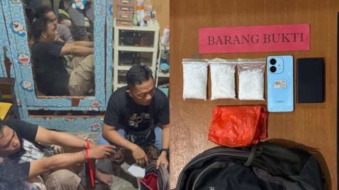 
 Pria di Kolaka insial I alias M (kiri) ditangkap usai diduga simpan sabu di dalam tas ranselnya. Foto: Istimewa.