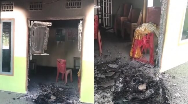 Pintu utama gedung Posyandu di Desa Oensuli Muna hangus dilalap api. Foto: Istimewa