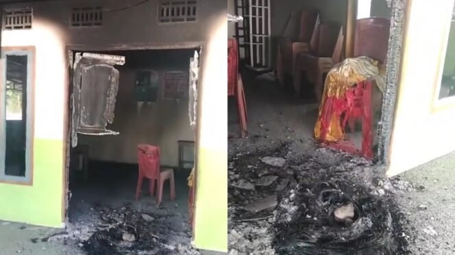 
 Pintu utama gedung Posyandu di Desa Oensuli Muna hangus dilalap api. Foto: Istimewa