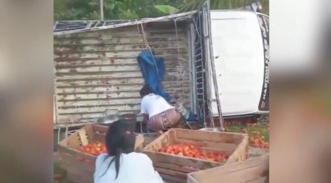 Mobil Pikap bermuatan tomat terbalik di Jalan Poros Desa Lakapodo Muna. Foto: Istimewa.