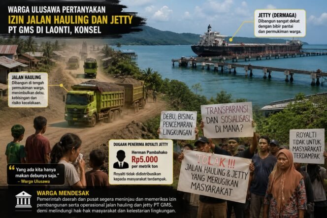 
 Ilustrasi. Warga Desa Laonti Konawe Selatan Pertanyaan legalitas lauling dan Jetty PT GMS. Foto: AI