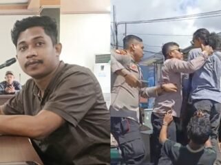 Ketua Harian Jangkar Sultra, Malik Botom (kiri) meminta agar Kapolres Bombana AKBP Eko Sutomo dievaluasi setelah diduga represif terhadap mahasiswa saat demo. Foto: Istimewa.