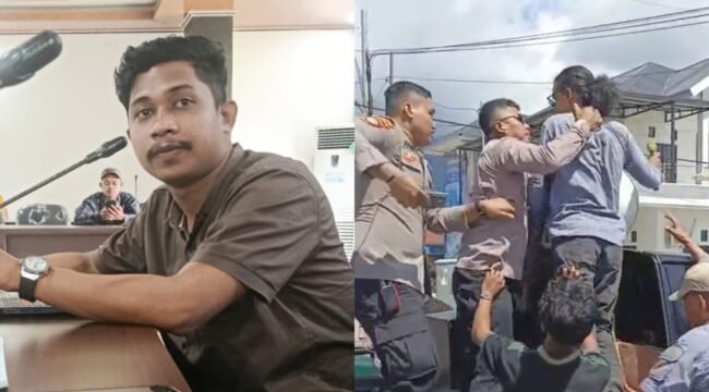 Ketua Harian Jangkar Sultra, Malik Botom (kiri) meminta agar Kapolres Bombana AKBP Eko Sutomo dievaluasi setelah diduga represif terhadap mahasiswa saat demo. Foto: Istimewa.