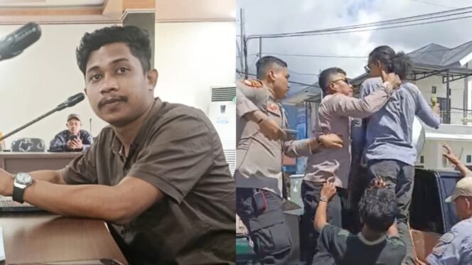 
 Ketua Harian Jangkar Sultra, Malik Botom (kiri) meminta agar Kapolres Bombana AKBP Eko Sutomo dievaluasi setelah diduga represif terhadap mahasiswa saat demo. Foto: Istimewa.