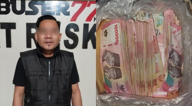 Ketua salah satu ormas di Kendari, inisial LW (36) ditangkap polisi kasus pemerasan perusahaan tamban dan barang bukti yang tunai. Foto: Istimewa.