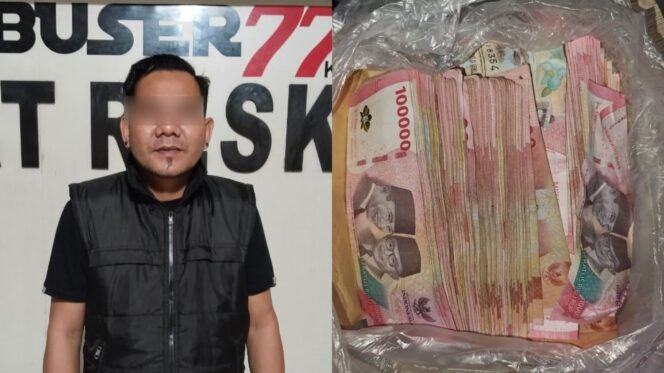 
 Ketua salah satu ormas di Kendari, inisial LW (36) ditangkap polisi kasus pemerasan perusahaan tamban dan barang bukti yang tunai. Foto: Istimewa.