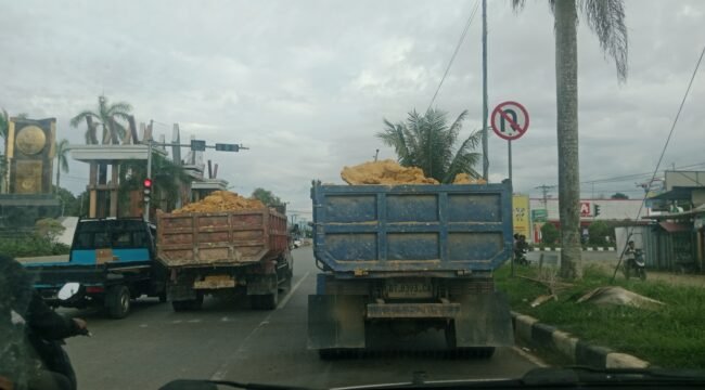 Dua mobil truk dengan muatan diduga melebihi kapasitas melintas di Jalan Raya Kota Kendari. Foto: Istimewa.