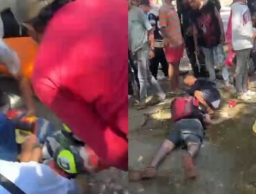 Salah satu pembalap saat dievakuasi usai kecelakaan (kiri) dan seorang pria tergeletak setelah diduga jadi kecelakaan. Foto: Istimewa