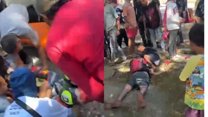 
 Salah satu pembalap saat dievakuasi usai kecelakaan (kiri) dan seorang pria tergeletak setelah diduga jadi kecelakaan. Foto: Istimewa