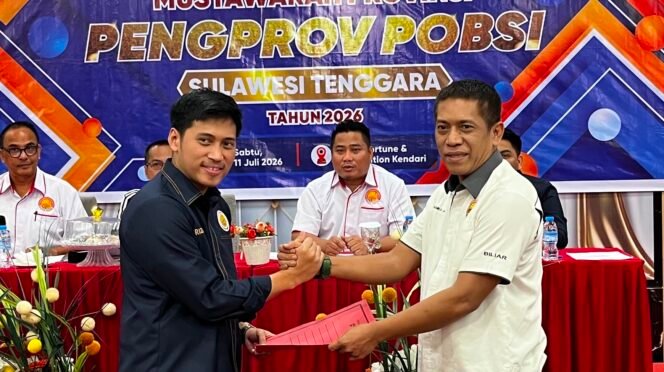 
 Rizky Brilian Pagala (kiri) terpilih secara alklamasi sebagai Ketua POBSI Sultra 2026-2030. Foto: Istimewa