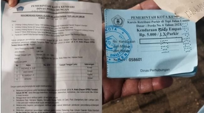 Surat rekomendasi pengelolaan parkir tepi jalan umum yang dikeluarkan oleh Dinas Perhubungan Kota Kendari. Foto: Istimewa