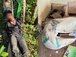 Pria insial MRA (30) diikat di sebuah pohon setelah terperogok mencuri peralatan bengkel di rumah kosong Kelurahan Andonuohu. Foto: Istimewa