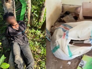 Pria insial MRA (30) diikat di sebuah pohon setelah terperogok mencuri peralatan bengkel di rumah kosong Kelurahan Andonuohu. Foto: Istimewa