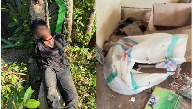 
 Pria insial MRA (30) diikat di sebuah pohon setelah terperogok mencuri peralatan bengkel di rumah kosong Kelurahan Andonuohu. Foto: Istimewa