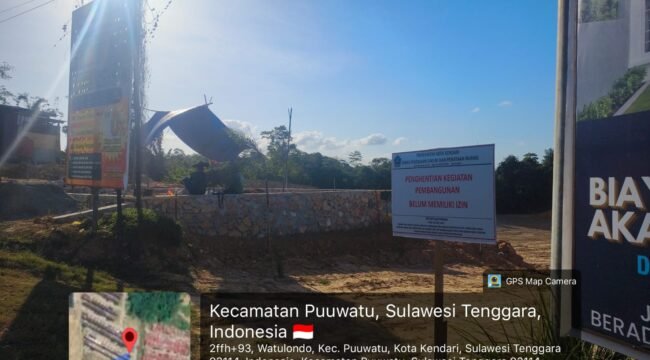 Gerakan Mahasiswa Pemerhati Rakyat (Gempur) Sultra menyoroti aktivitas pembangunan Alexandria Hills di Puwatu Kendari meskipun sudah ada plang penghentian di lokasi. Foto: Istimewa