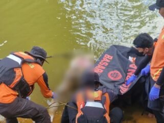 Petugas Basarnas saat hendak mengevakuasi jasad korban yang ditemukan dengan tanpa kepala di Sungai Lalindu Konawe Utara. Foto: Istimewa