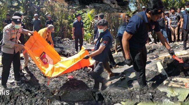 Personel Kepolisian Resor Bombana saat mengevakuasi jenazah korban serta melakukan olah TKP di lokasi kebakaran. Foto: Istimewa