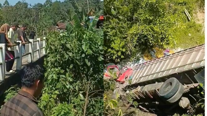 
 Mobil truk bermuatan beras terperosok ke kali di Desa Aoma, Kecamatan Wolasi, Kabupaten Konsel. Foto: Istimewa