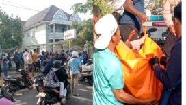Kerumunan warga di depan Hotel Jeneberang Raha setelah ditemukan mayat pria di dalam hotel. Foto: Istimewa