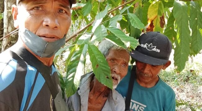 Lansia 80 tahun di Kolaka Timur bernama Tukidi (tengah) ditemukan dalam keadaan selamat setelah hilang 6 hari di Kebun. Foto: Istimewa